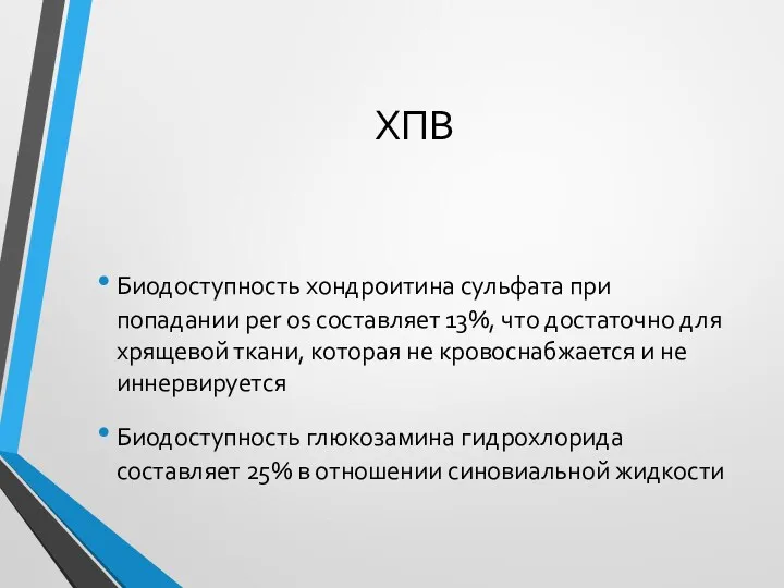 ХПВ Биодоступность хондроитина сульфата при попадании per os составляет 13%,