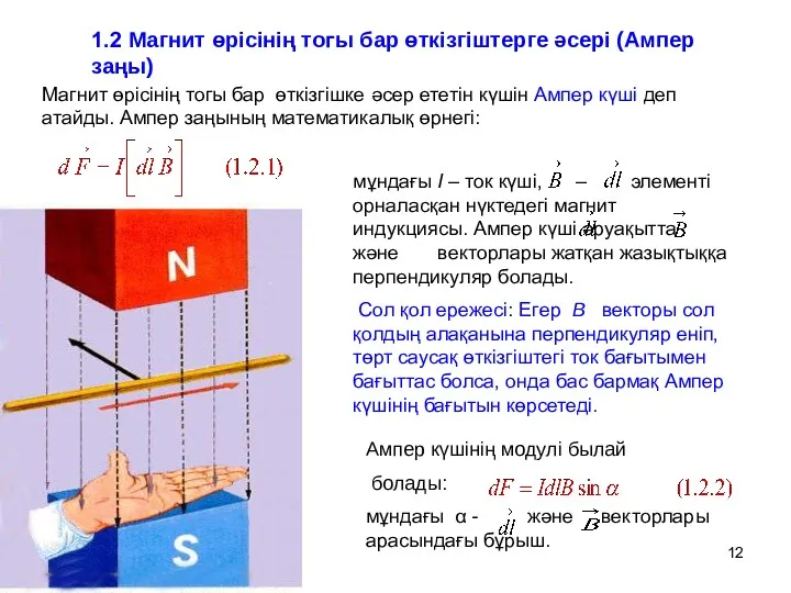 1.2 Магнит өрісінің тогы бар өткізгіштерге әсері (Ампер заңы) Магнит