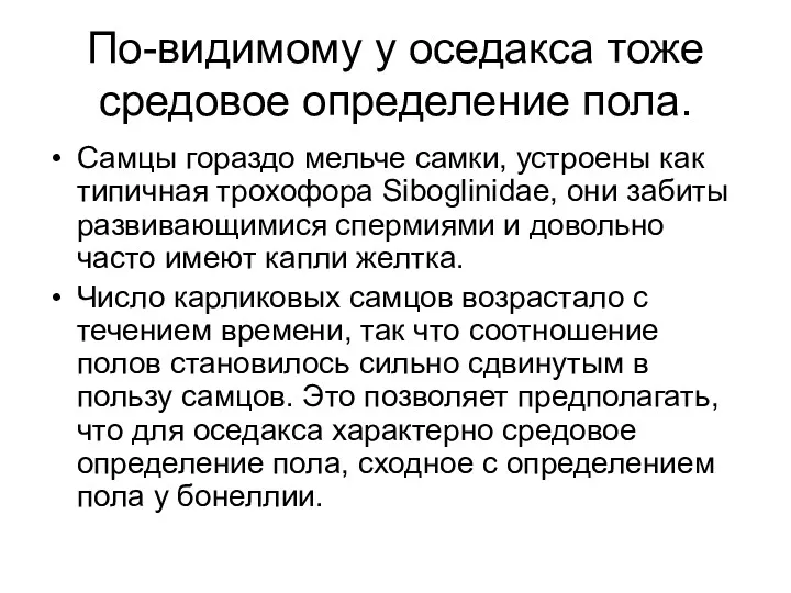 По-видимому у оседакса тоже средовое определение пола. Самцы гораздо мельче