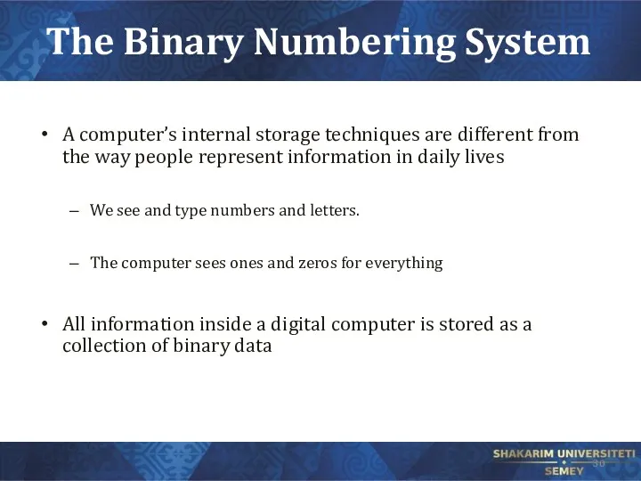 The Binary Numbering System A computer’s internal storage techniques are