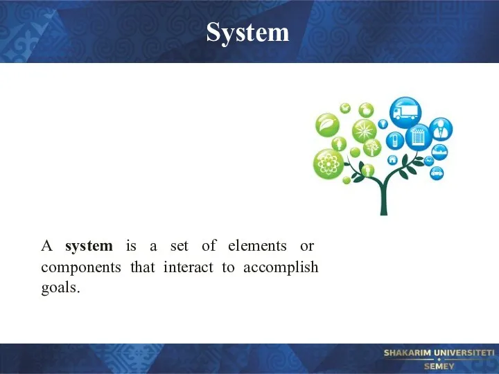 System A system is a set of elements or components that interact to accomplish goals.
