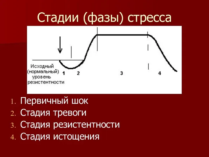 Стадии (фазы) стресса Первичный шок Стадия тревоги Стадия резистентности Стадия истощения