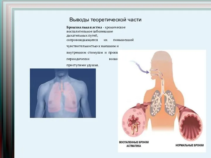 Выводы теоретической части Бронхиальная астма - хроническое воспалительное заболевание дыхательных