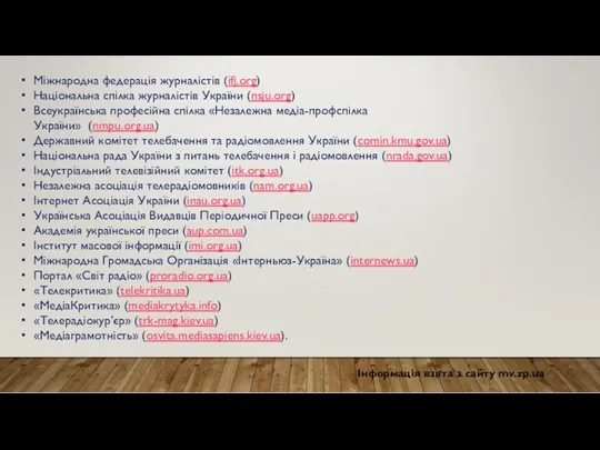 Міжнародна федерація журналістів (ifj.org) Національна спілка журналістів України (nsju.org) Всеукраїнська