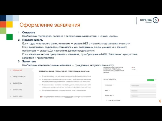 Оформление заявления Согласие Необходимо подтвердить согласие с перечисленными пунктами и