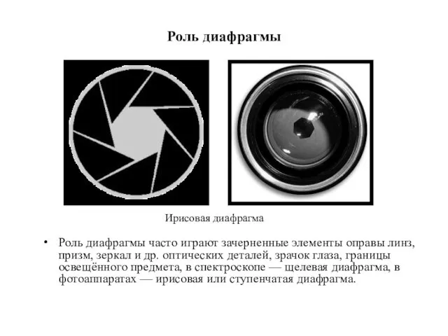 Роль диафрагмы Роль диафрагмы часто играют зачерненные элементы оправы линз,