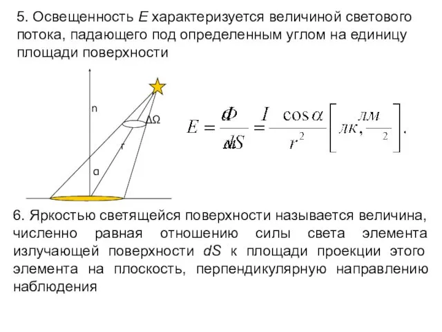 5. Освещенность E характеризуется величиной светового потока, падающего под определенным