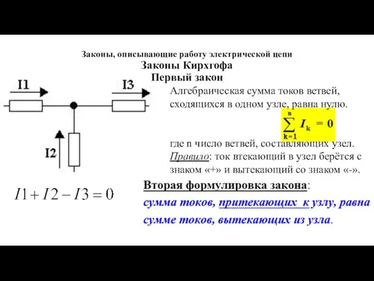 Законы, описывающие работу электрической цепи Законы Кирхгофа Первый закон Алгебраическая