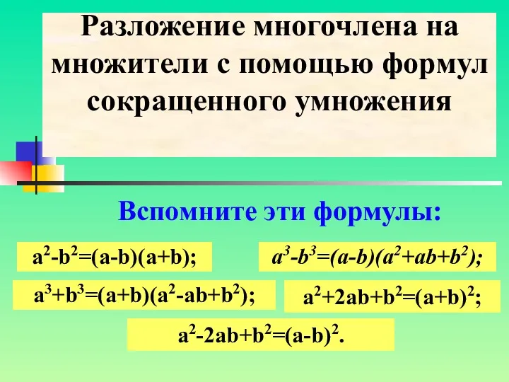 Разложение многочлена на множители с помощью формул сокращенного умножения Вспомните