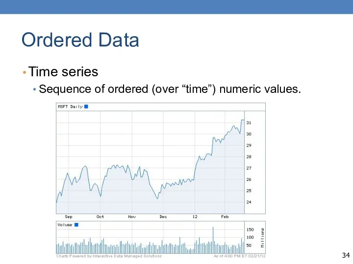 Ordered Data Time series Sequence of ordered (over “time”) numeric values. 34