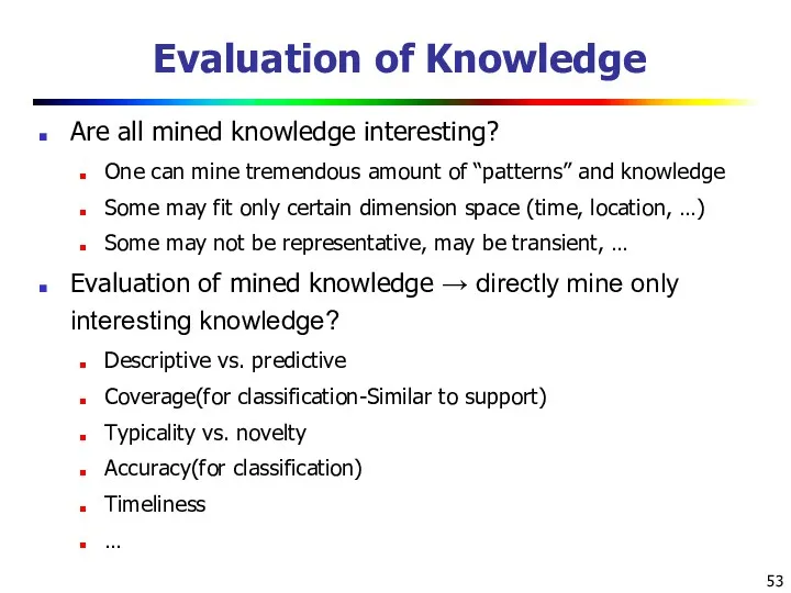 Evaluation of Knowledge Are all mined knowledge interesting? One can