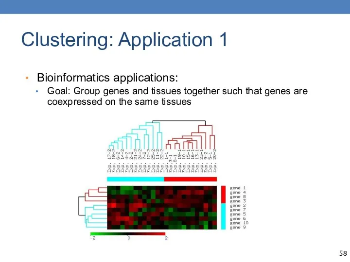 Clustering: Application 1 Bioinformatics applications: Goal: Group genes and tissues