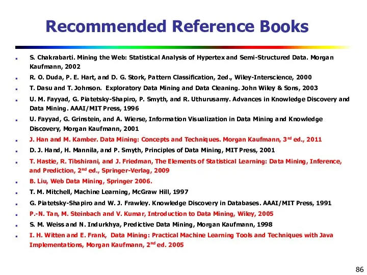 Recommended Reference Books S. Chakrabarti. Mining the Web: Statistical Analysis