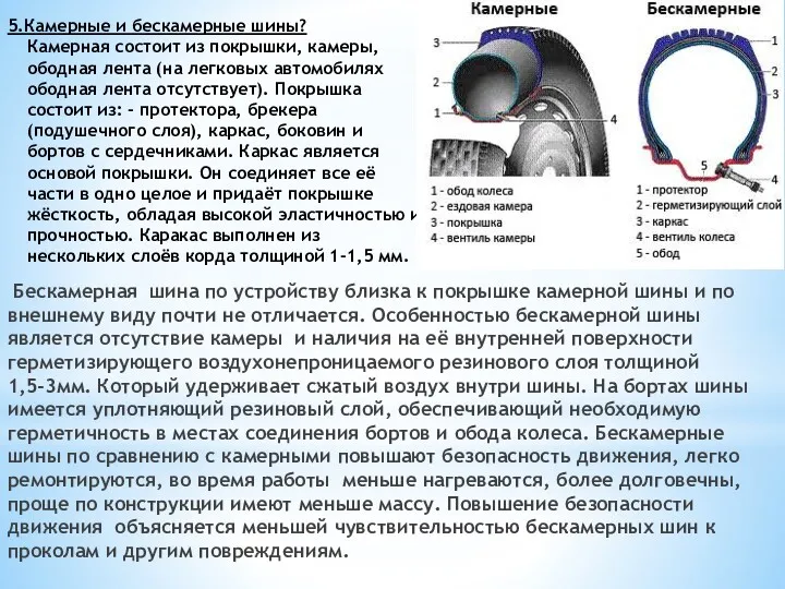 5.Камерные и бескамерные шины? Камерная состоит из покрышки, камеры, ободная