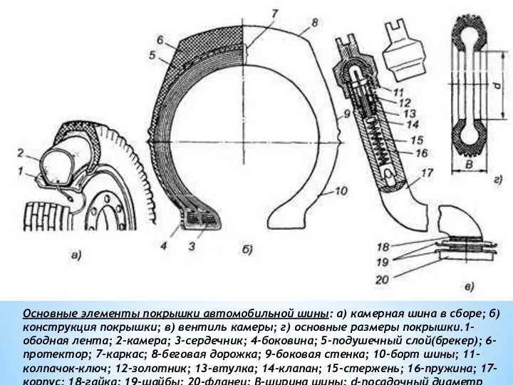 Основные элементы покрышки автомобильной шины: а) камерная шина в сборе;