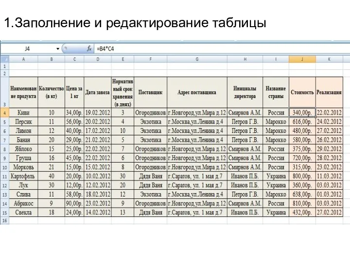 1.Заполнение и редактирование таблицы