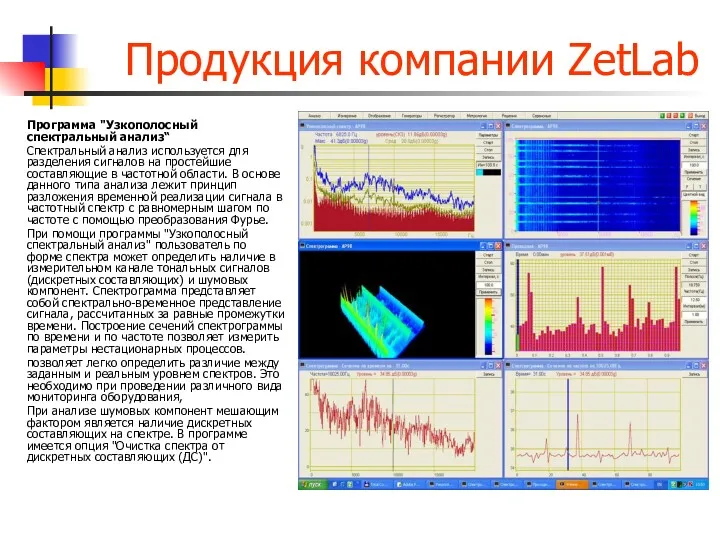 Продукция компании ZetLab Программа "Узкополосный спектральный анализ“ Спектральный анализ используется для разделения сигналов