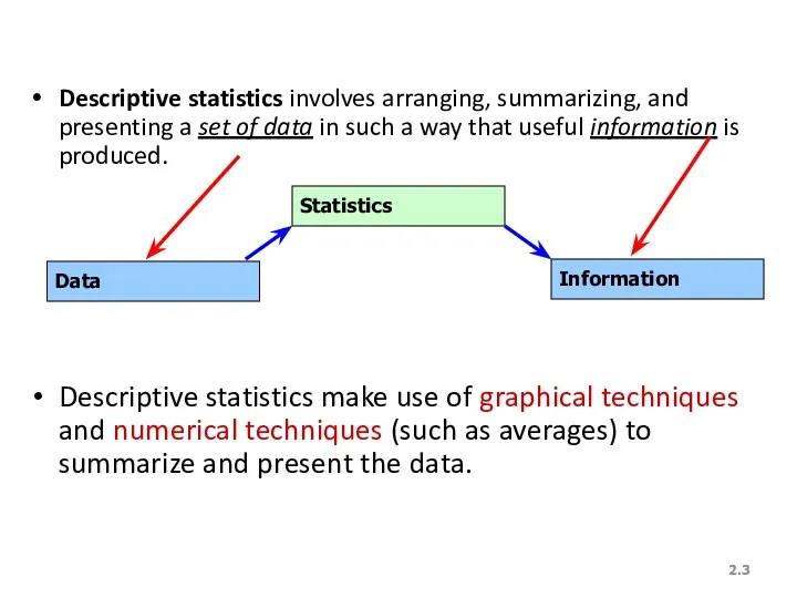 2. Descriptive statistics involves arranging, summarizing, and presenting a set