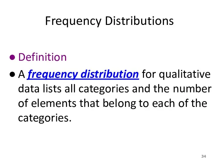 Frequency Distributions Definition A frequency distribution for qualitative data lists