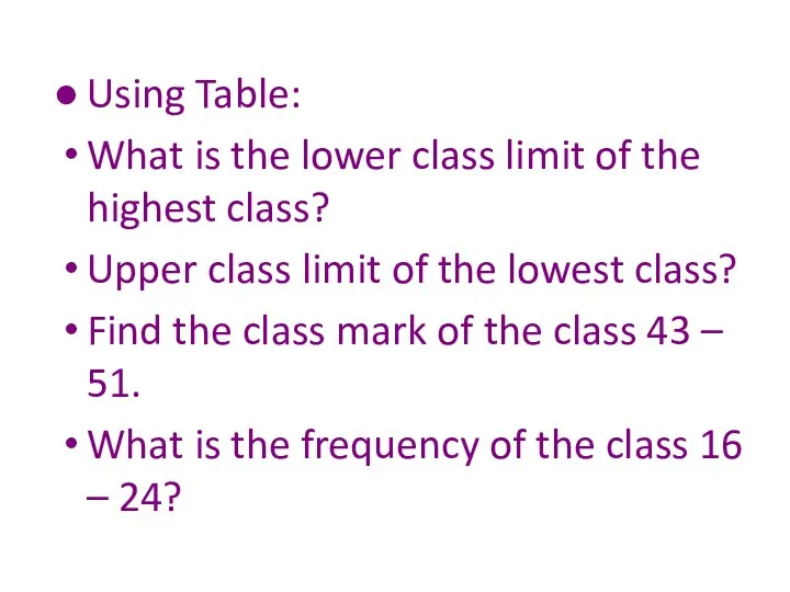 Using Table: What is the lower class limit of the