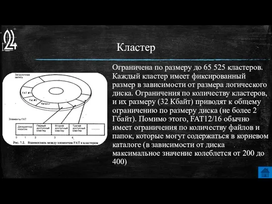 Кластер Ограничена по размеру до 65 525 кластеров. Каждый кластер