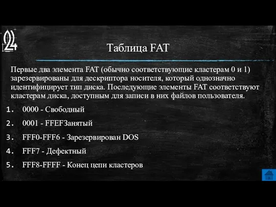 Таблица FAT Первые два элемента FAT (обычно соответствующие кластерам 0