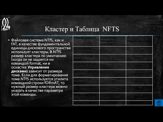 Кластер и Таблица NFTS Файловая система NTfS, как и fAT,