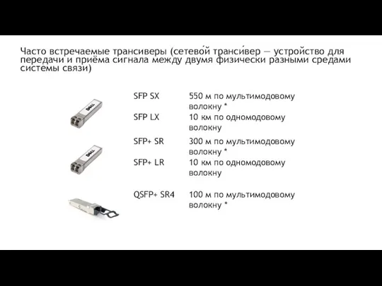 Часто встречаемые трансиверы (сетево́й транси́вер — устройство для передачи и приёма сигнала между