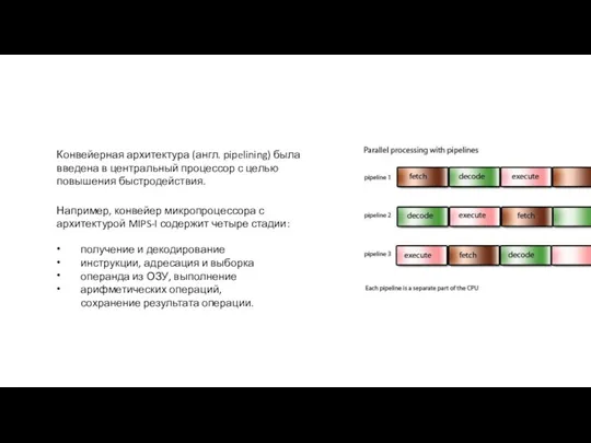 Конвейерная архитектура (англ. pipelining) была введена в центральный процессор с
