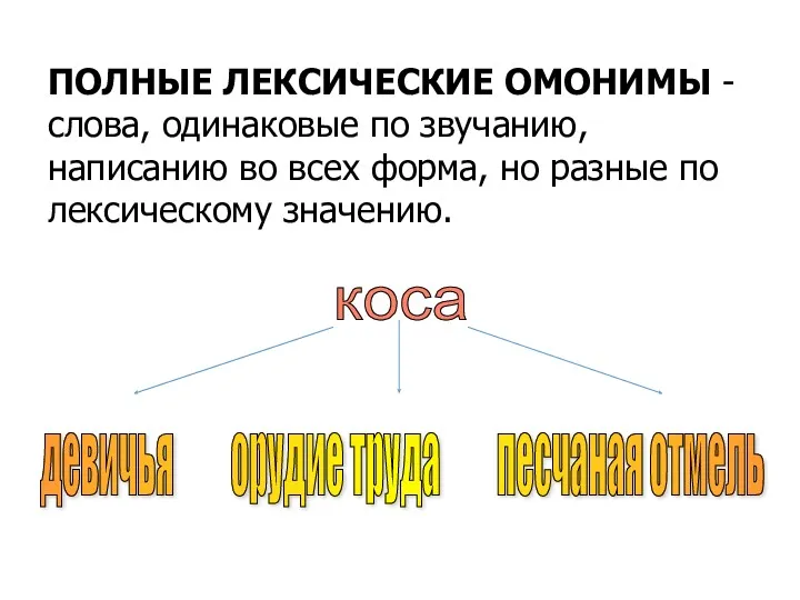 девичья орудие труда песчаная отмель коса ПОЛНЫЕ ЛЕКСИЧЕСКИЕ ОМОНИМЫ -