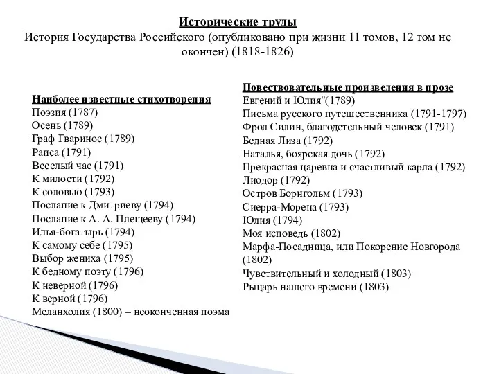 Наиболее известные стихотворения Поэзия (1787) Осень (1789) Граф Гваринос (1789)