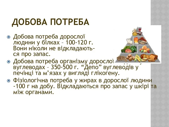 ДОБОВА ПОТРЕБА Добова потреба дорослої людини у білках – 100-120