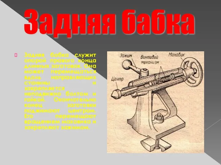 Задняя бабка служит опорой правого конца длинных заготовок. Она может