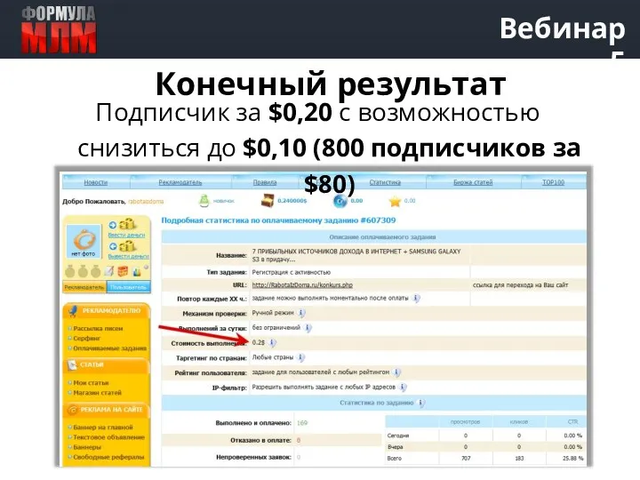 Вебинар 5 Конечный результат Подписчик за $0,20 с возможностью снизиться до $0,10 (800 подписчиков за $80)