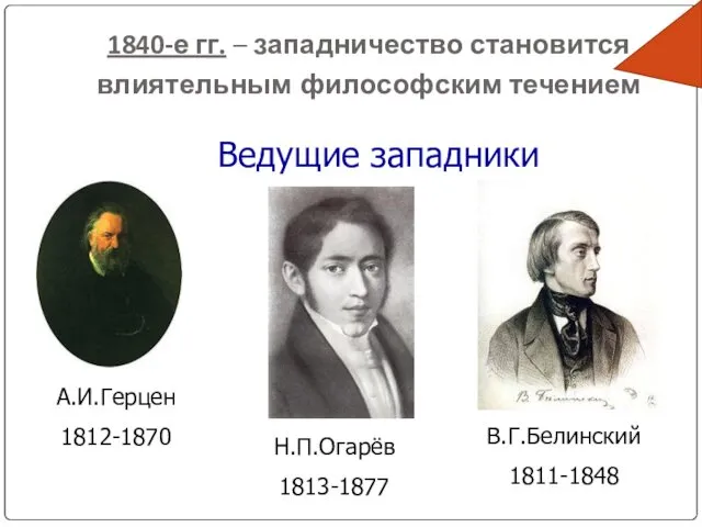 1840-е гг. – западничество становится влиятельным философским течением Ведущие западники А.И.Герцен 1812-1870 Н.П.Огарёв 1813-1877 В.Г.Белинский 1811-1848