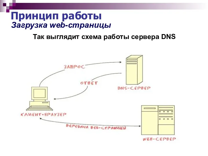 Принцип работы Загрузка web-страницы Так выглядит схема работы сервера DNS