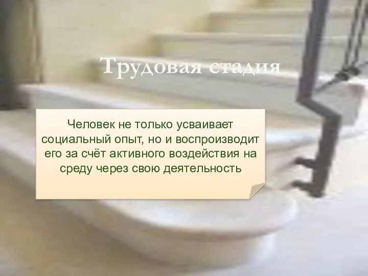 Трудовая стадия Человек не только усваивает социальный опыт, но и