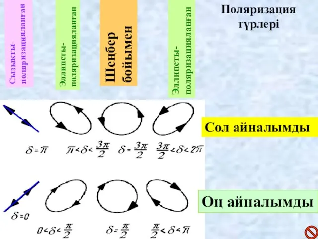 Сызықты-поляризацияланған Эллипсты-поляризацияланған Шеңбер бойымен Эллипсты-поляризацияланған Сол айналымды Оң айналымды Поляризация түрлері