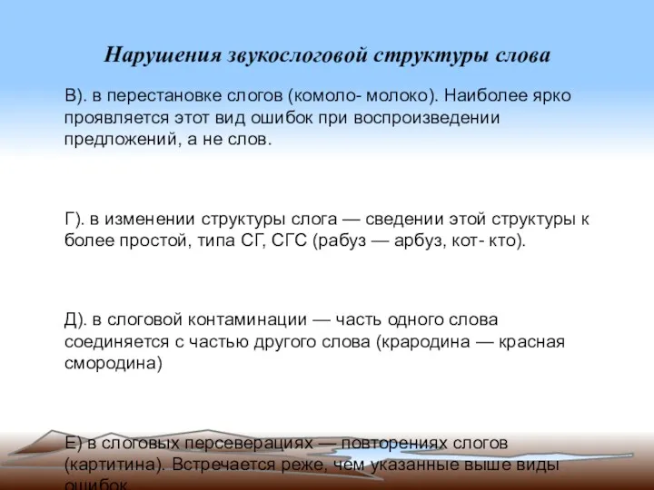 Нарушения звукослоговой структуры слова В). в перестановке слогов (комоло- молоко). Наиболее ярко проявляется