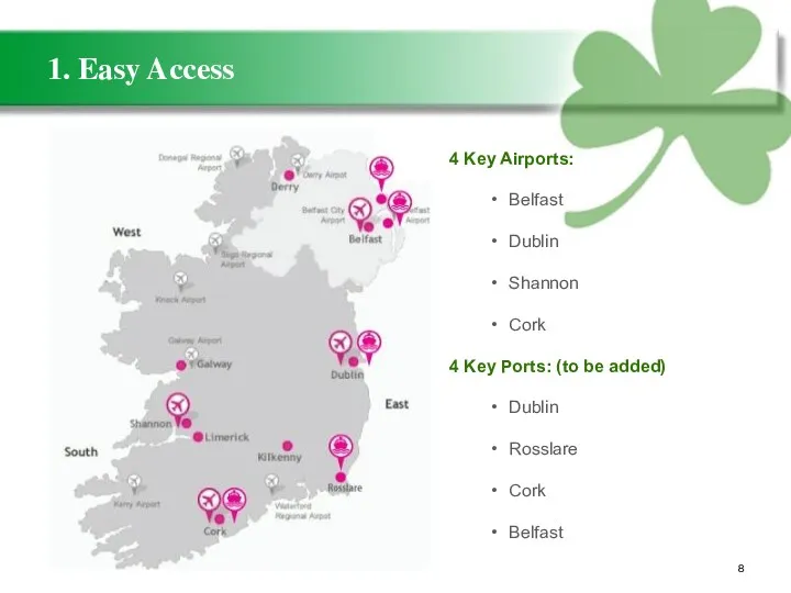 1. Easy Access 4 Key Airports: Belfast Dublin Shannon Cork
