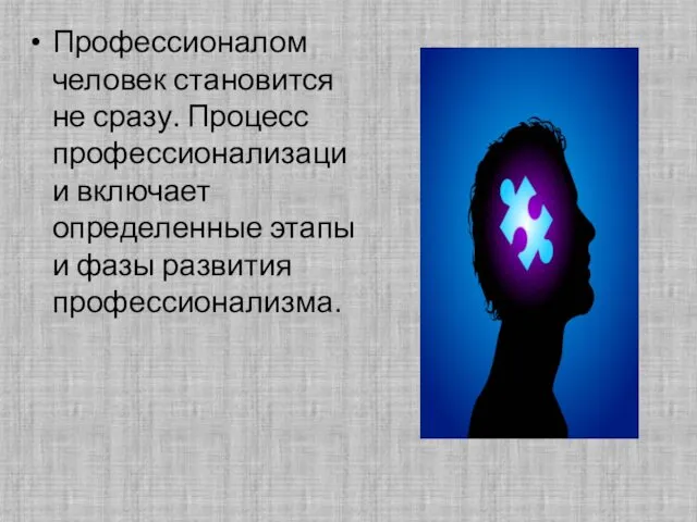 Профессионалом человек становится не сразу. Процесс профессионализации включает определенные этапы и фазы развития профессионализма.