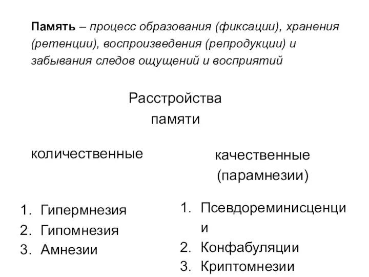 Память – процесс образования (фиксации), хранения (ретенции), воспроизведения (репродукции) и