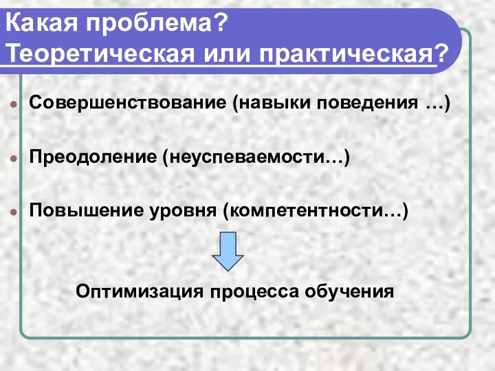 Какая проблема? Теоретическая или практическая? Совершенствование (навыки поведения …) Преодоление