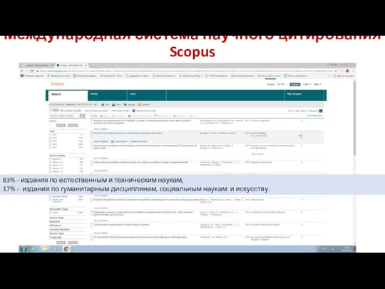 Международная система научного цитирования Scopus www.scopus.com 83% - издания по естественным и техническим