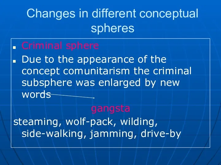 Changes in different conceptual spheres Criminal sphere Due to the