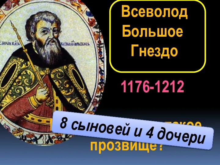 Всеволод Большое Гнездо 1176-1212 Почему получил такое прозвище? 8 сыновей и 4 дочери