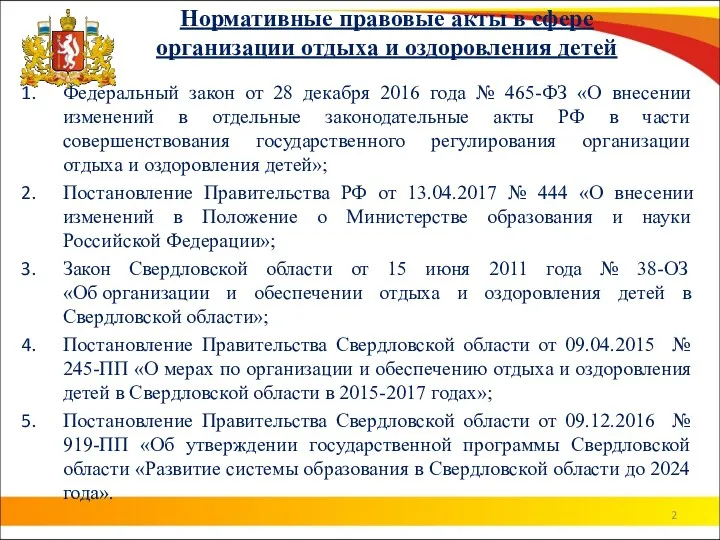 Нормативные правовые акты в сфере организации отдыха и оздоровления детей Федеральный закон от