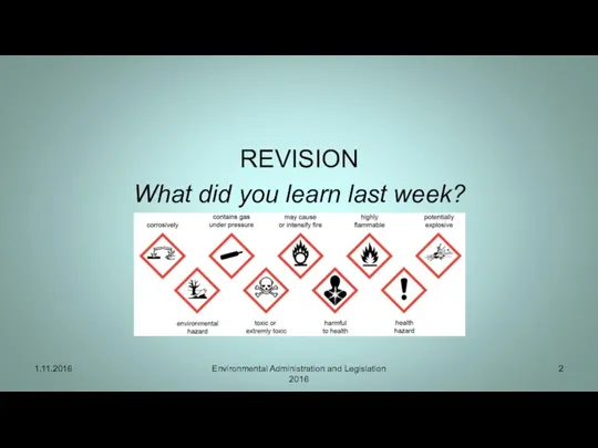 REVISION What did you learn last week? 1.11.2016 Environmental Administration and Legislation 2016
