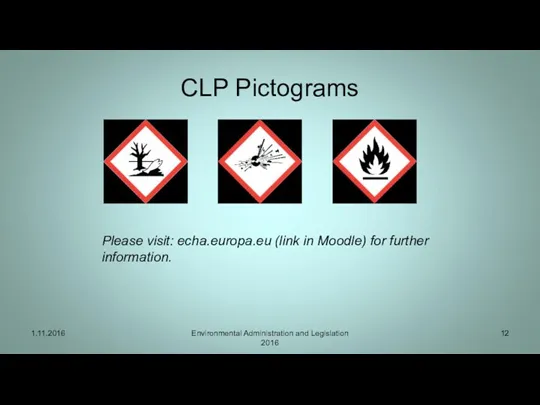 CLP Pictograms 1.11.2016 Environmental Administration and Legislation 2016 Please visit: