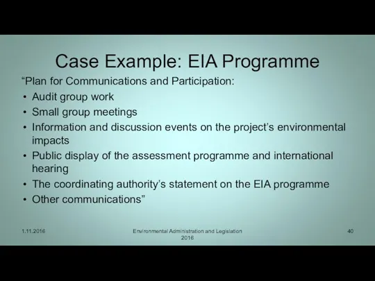 Case Example: EIA Programme “Plan for Communications and Participation: Audit